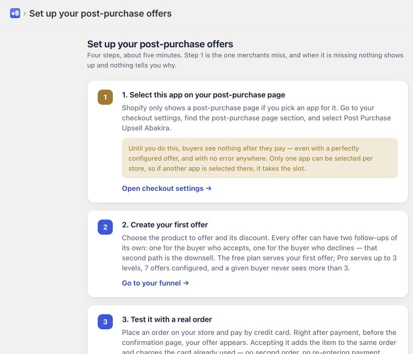 The app's setup page, with its two steps and the link out to Shopify's checkout settings.