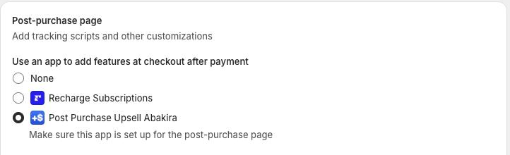 The post-purchase page setting in Shopify's checkout settings, with its own list of apps