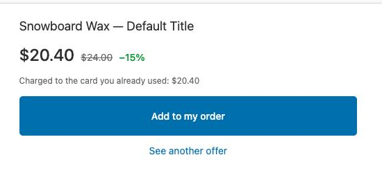 The offer as the buyer sees it, with the old price struck through, the discount, and the note that it is charged to the card already used.