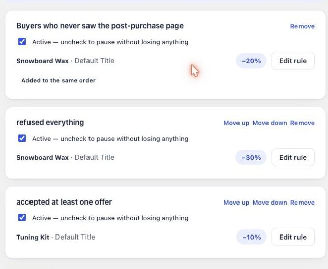 Three thank-you rules: the safety net added to the same order, one for buyers who refused everything, one for buyers who accepted.