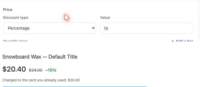 Above, the discount type and value in the offer editor. Below, what the buyer reads: old price struck through, the reduction, and the new price.