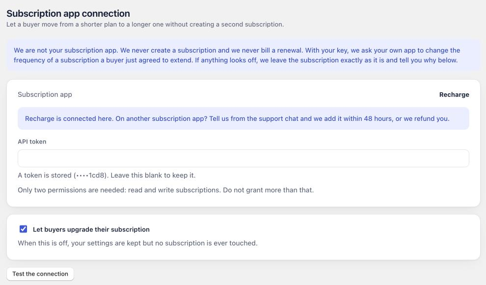 The subscription app connection page, connected to Recharge with the token masked.
