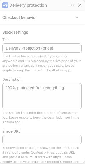 The block settings panel in the checkout editor: title, description and image URL fields, each with its help text.