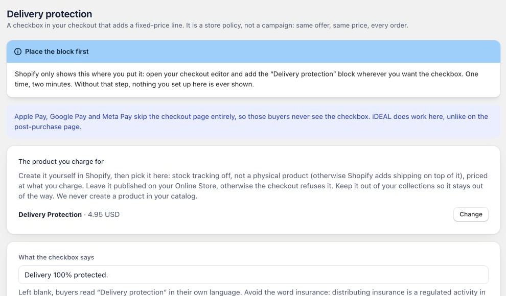 The delivery protection page, with the product charged for and the checkbox wording.