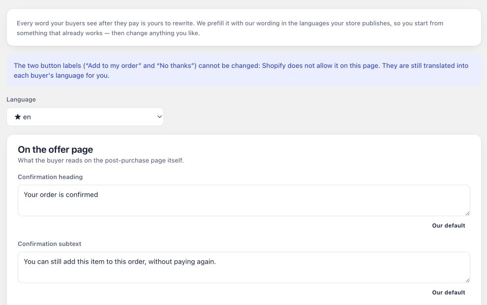 The buyer wording page, showing the editable confirmation heading and subtext.